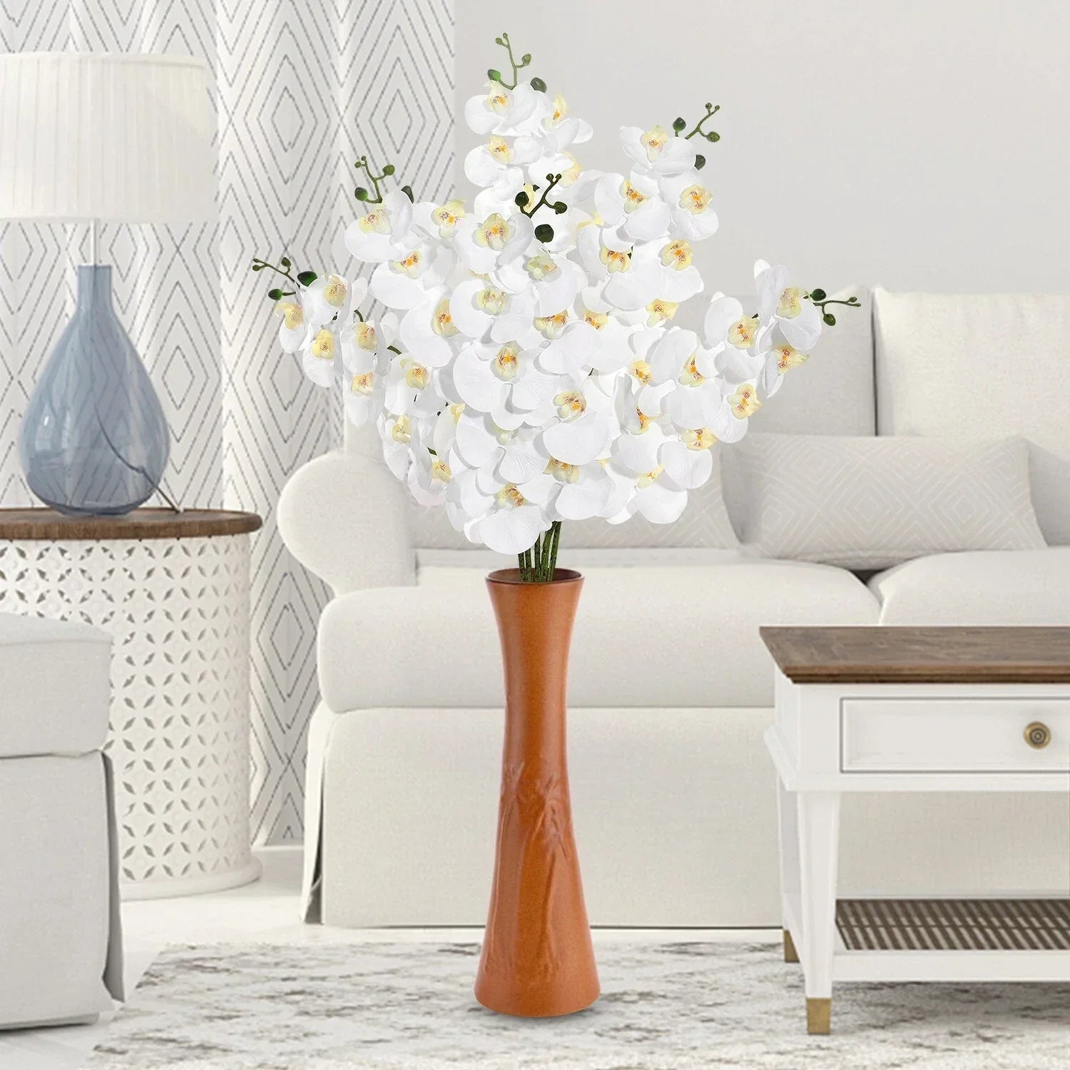 EZFLOWERY 2 Pcs 38’’ Artificial Real Touch Orchids Flowers 9 Heads Latex, White