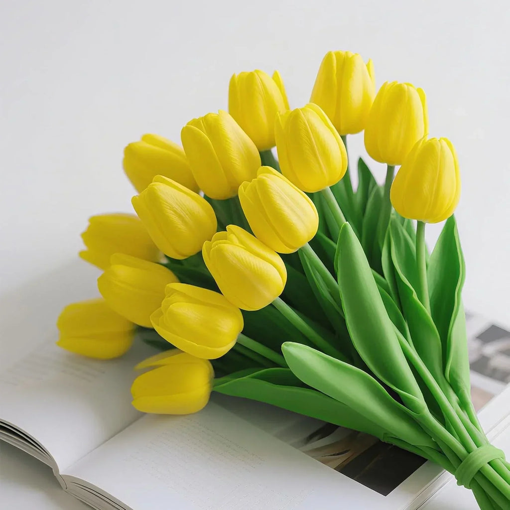 20Pcs Fake Tulips Artificial Flowers Faux Tulips Real Touch PU 13" Yellow Tulip