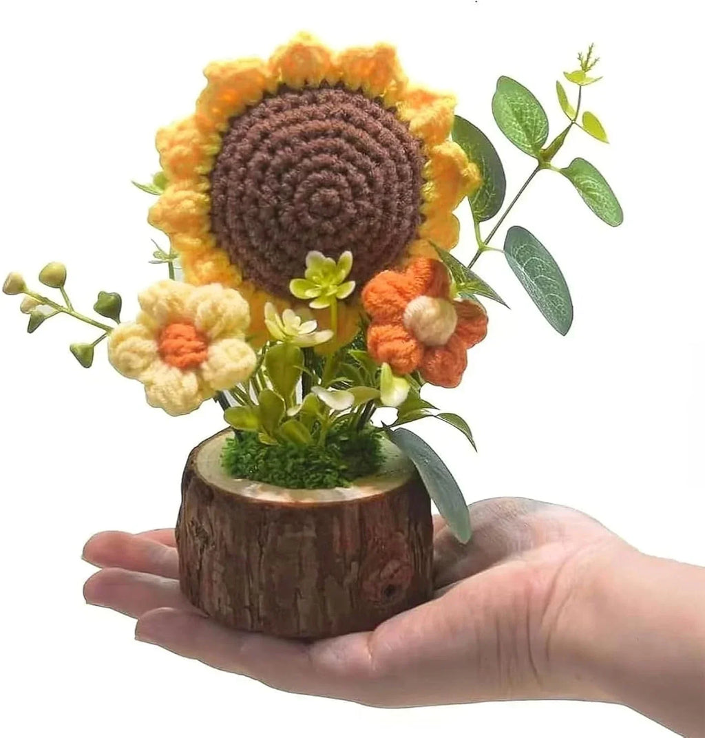 Handmade Crochet Sunflower Bouquet Knitted Potted Plant Mini Desktop Decor Gift