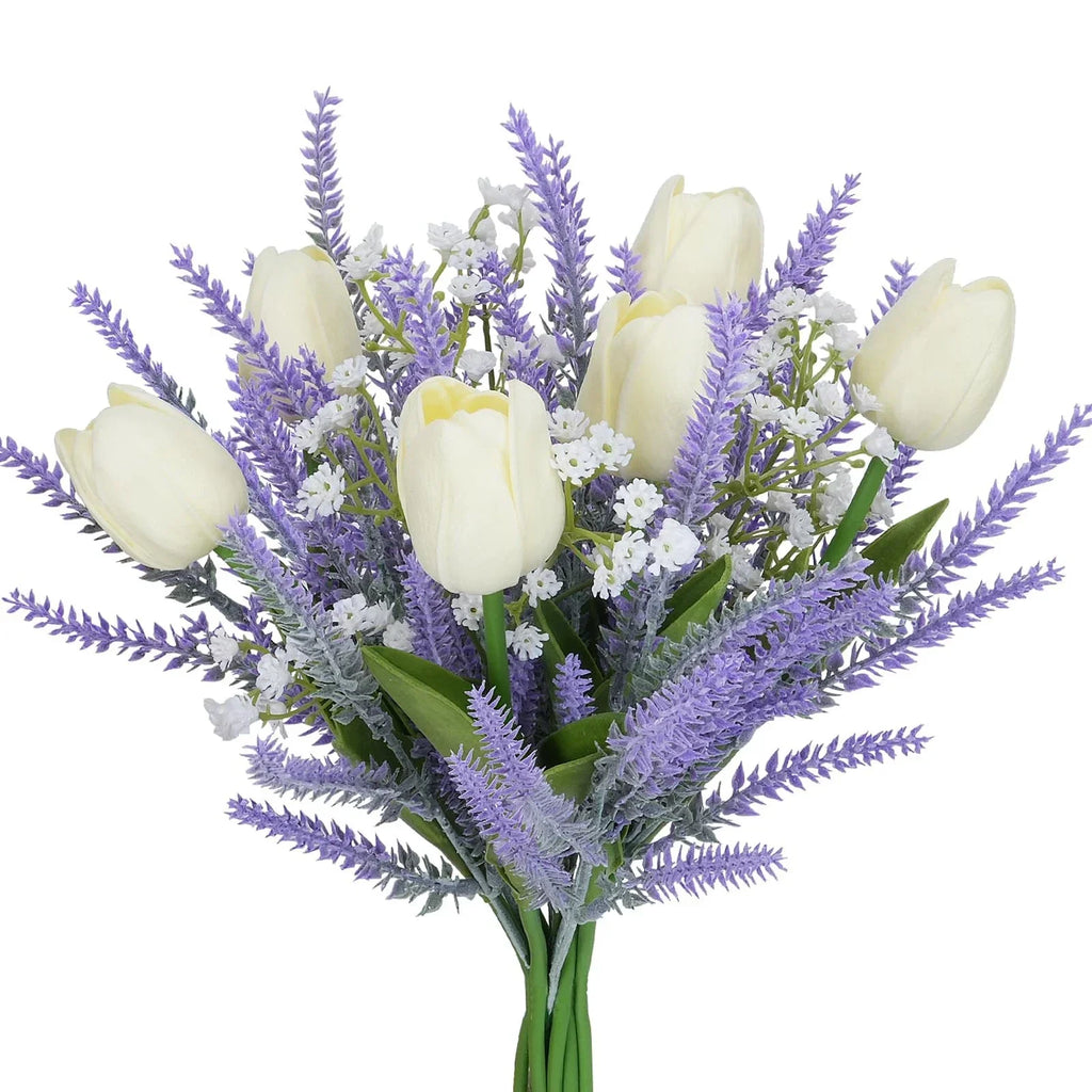 9PCS Artificial Flowers Purple Fake Plastic Lavender with White Tulips Floral