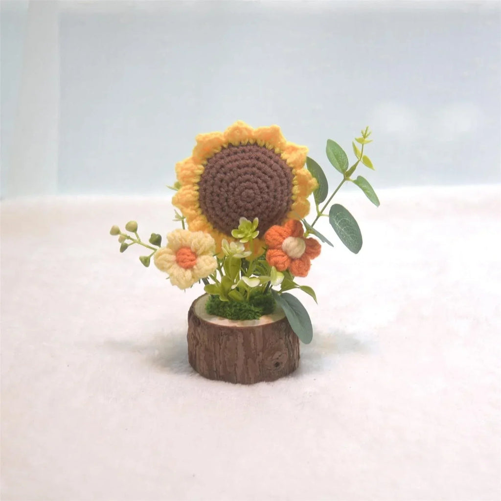 Handmade Crochet Sunflower Bouquet Knitted Potted Plant Mini Desktop Decor Gift