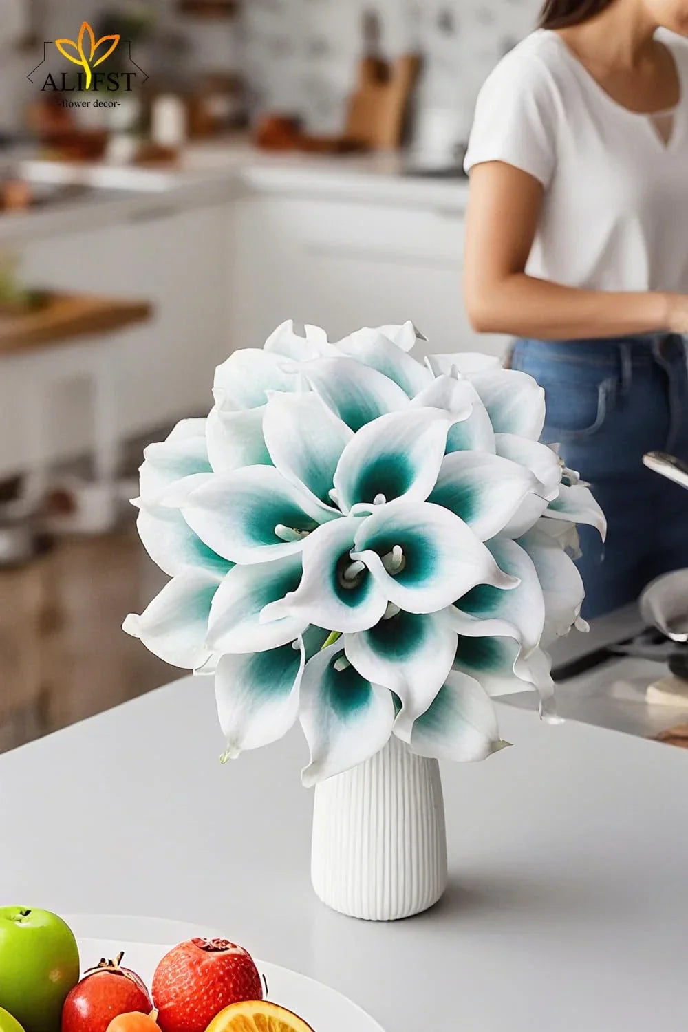 30 PCS Real Touch PU Latex Artificial Calla Lily Flowers Teal White Home Decor